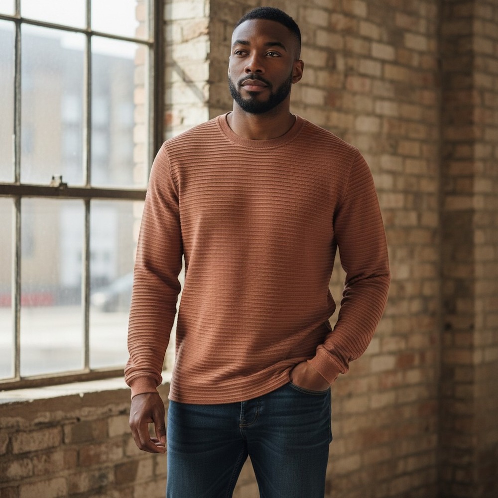 Jhane Barnes Mens XL Silk Blend Ribbed Crewneck Sweater Copper Brown 58122C07